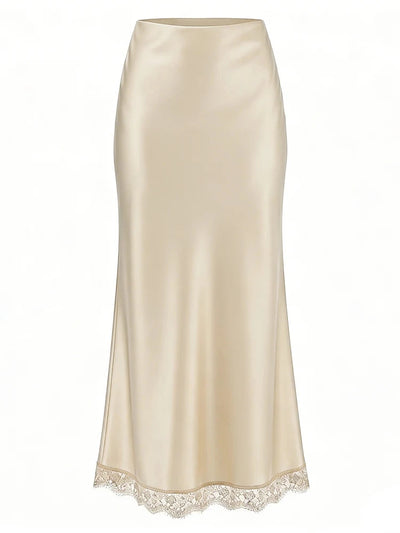 Lace-Trim High-Waist Midi Satin Skirt