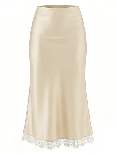 Lace-Trim High-Waist Midi Satin Skirt