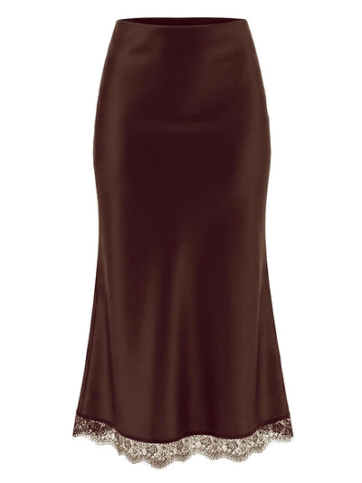Lace-Trim High-Waist Midi Satin Skirt
