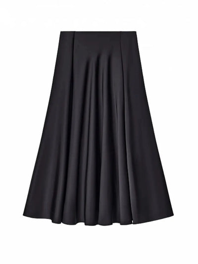 Flat lay of full black A-line satin midi skirt on white background