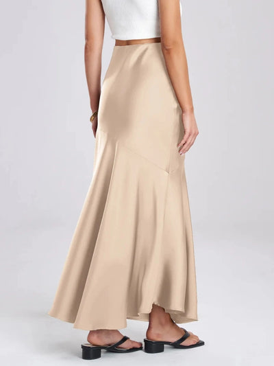 Champagne satin bias-cut mermaid maxi skirt with white crop top, back view