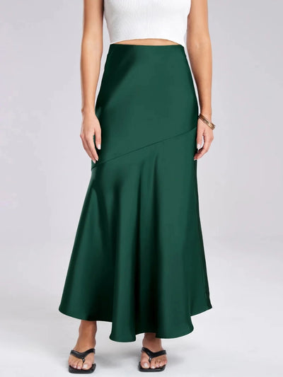 Emerald satin bias-cut mermaid maxi skirt with white crop top, front view