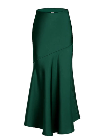 Emerald bias-cut mermaid satin maxi skirt flat lay on white background