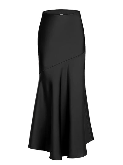 Black bias-cut mermaid satin maxi skirt flat lay on white background