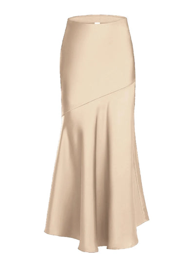Champagne bias-cut mermaid satin maxi skirt flat lay on white background