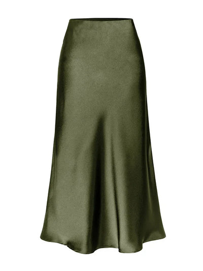 Flat lay of army green satin midi skirt with flared hem and smooth waistband