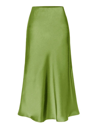 Side-Slit Midi Satin Skirt in Green