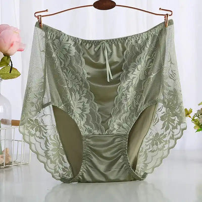 Sage green floral lace satin panties with ruched back panel on rose gold hanger