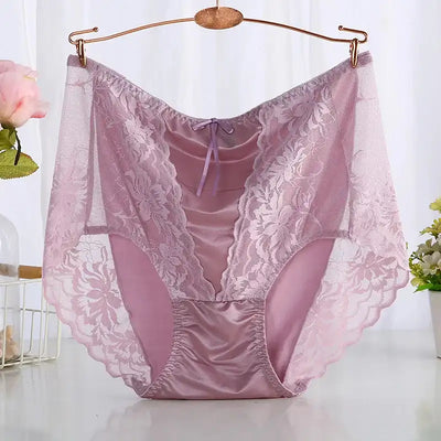 Lavender purple floral lace satin panties with ribbon bow on rose gold hanger