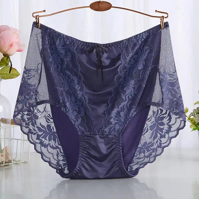 Navy blue floral lace satin panties with scalloped mesh panels on rose gold hanger
