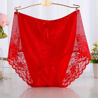 Red floral lace satin panties with wide mesh side panels on gold hanger