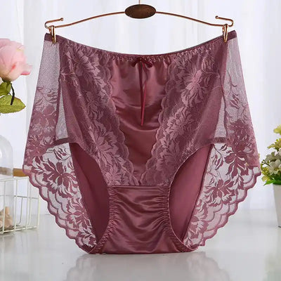 Burgundy satin brief with floral lace side panels and ruched back, hung on wooden hanger