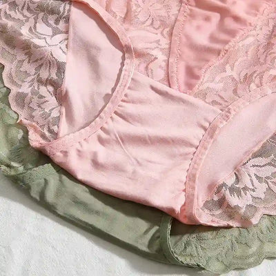 Close-up of pink and sage satin panty gusset lining with scalloped lace hem detail
