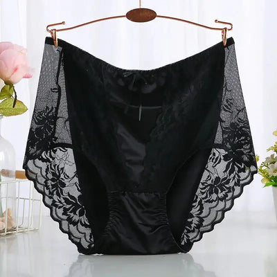 Black floral lace panel satin panties with ruched back hung on rose gold hanger