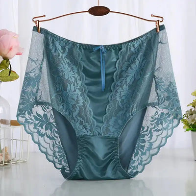 Teal floral lace satin panties with ribbon bow and scalloped hem on rose gold hanger