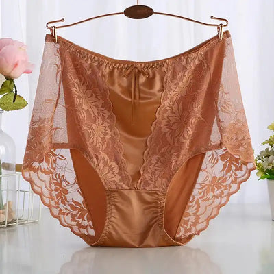 Rust brown floral lace satin panties with mesh side panels on rose gold hanger