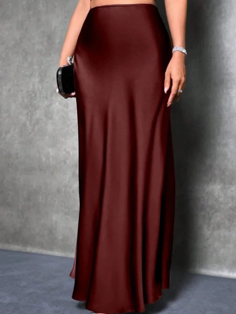 Burgundy High-Waist Maxi Satin Skirt