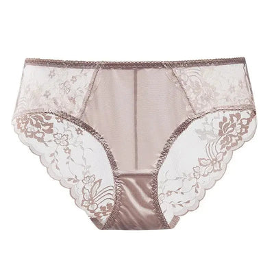Dusty mauve floral lace-panel satin panties flat lay, sheer lace side panels