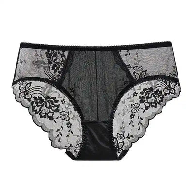 Black floral embroidered lace-panel satin panties flat lay on white background