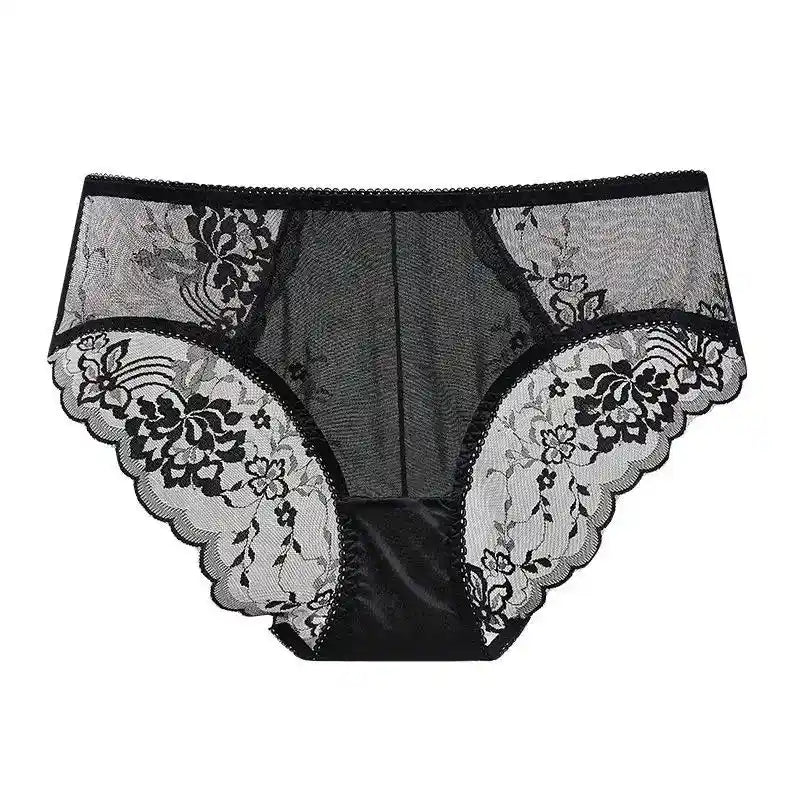 Green lace satin panties worn on a model, mid-rise floral lace side panels