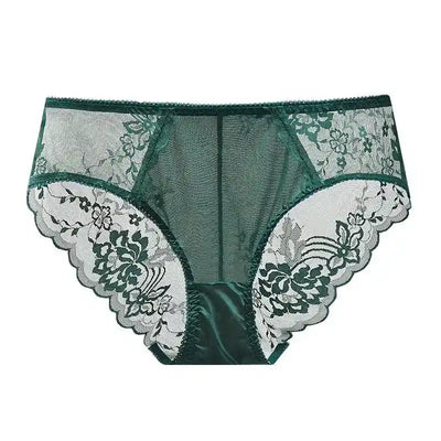 Emerald green floral lace-panel satin panties flat lay, scalloped lace edges