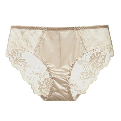 Second view of champagne beige lace satin panties, embroidered floral lace sides