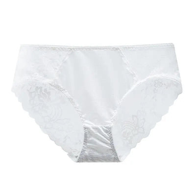 White floral lace-panel satin panties flat lay on white background
