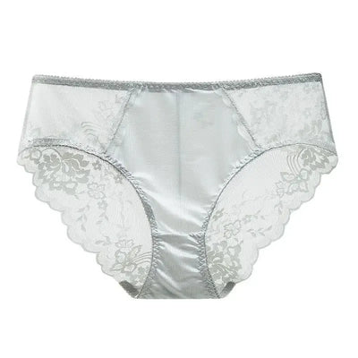 Light gray floral lace-panel satin panties flat lay, scalloped lace leg openings