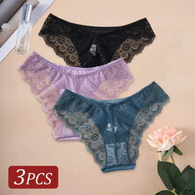 Back view of three lace bikini panties showing floral lace panels in black, lavender, teal