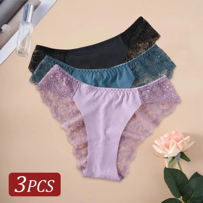 Three lace-side bikini panties stacked in teal, black, and lavender, back angle view