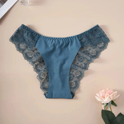 Single teal bikini panty with wide floral lace sides and scalloped edges, flat lay