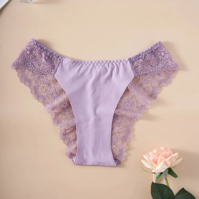 Single lavender bikini panty with tone-on-tone floral lace side panels, flat lay