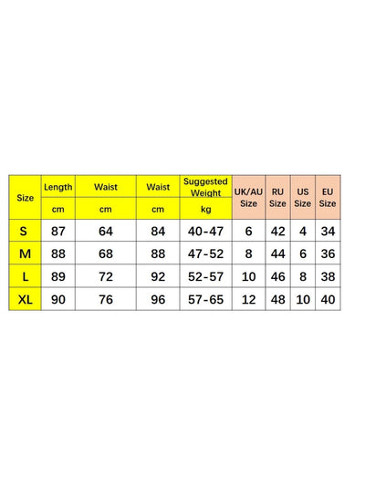 Size chart for black polka dot maxi skirt showing S to XL waist and length measurements in centimeters