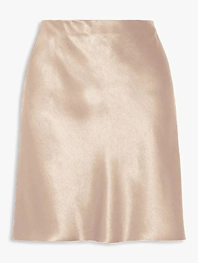 Champagne satin mini skirt flat lay showing high waistband and A-line silhouette, full front view