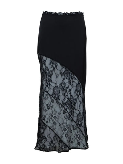 Black maxi skirt with diagonal lace panel and scalloped waistband, flat lay