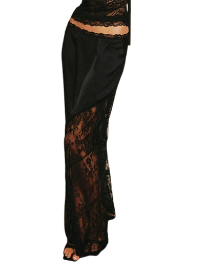 Model wearing black maxi skirt with sheer floral lace lower panel, side view