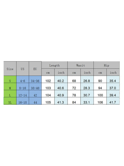 Size chart for black lace-panel maxi skirt, sizes S through XL in US and EU