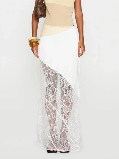 Close front view of white maxi skirt showing diagonal satin-to-lace seam and floral lace detail