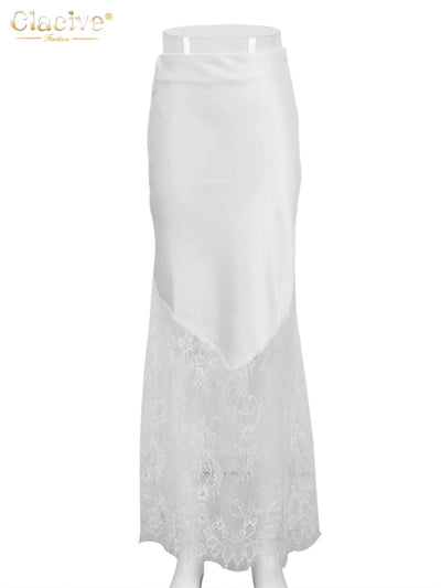 White satin maxi skirt with lace panel on mannequin, front view