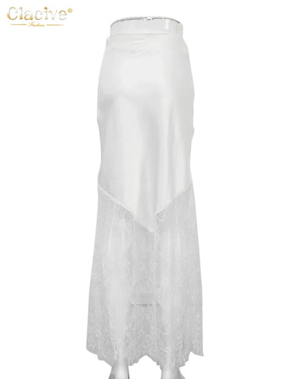 White satin maxi skirt with lace panel on mannequin, back view