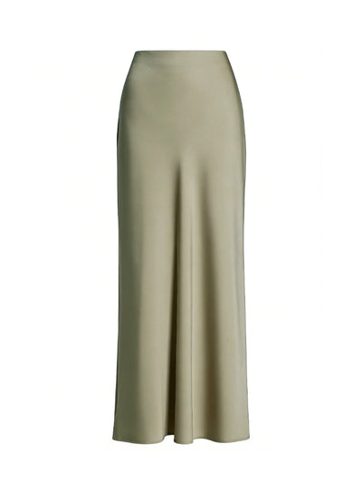 Sage green bias-cut satin maxi skirt flat lay on white background showing full silhouette