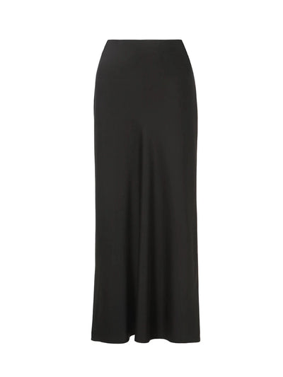 Black high-waisted satin maxi skirt flat lay on white background showing full length and silhouette