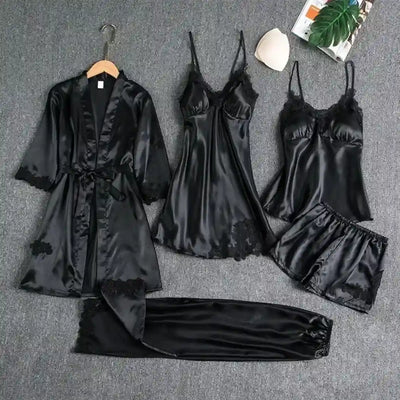 Black satin five-piece pajama set with lace trim robe nightdress cami shorts and pants flat lay