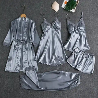 Gray satin five-piece pajama set with lace trim robe nightdress cami shorts and pants flat lay
