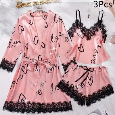 Pink satin 3-piece love print pajama set with robe cami and shorts flat lay