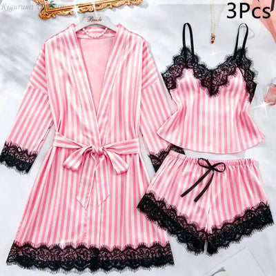 Pink and white striped satin 3-piece pajama robe set with black lace trim