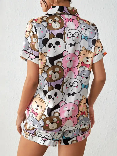 Back view of cartoon animal print pajama set showing all-over bear and panda print