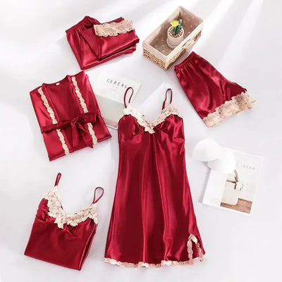 Burgundy satin five-piece pajama set with cream lace trim including robe chemise and shorts