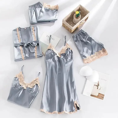 Gray satin five-piece pajama set with cream lace trim including robe slip dress and cami