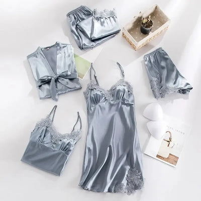 Gray satin five-piece pajama set with matching lace-trimmed robe and slip dress